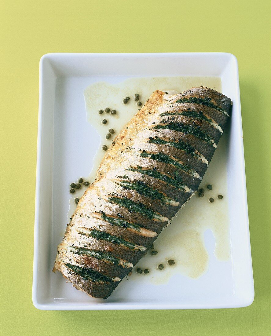 Fried salmon with dill and caper butter