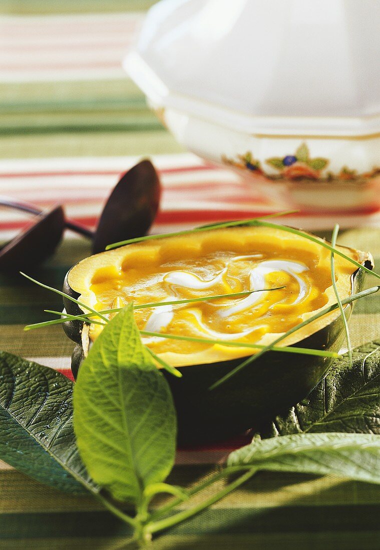 Pumpkin soup in hollowed-out pumpkin