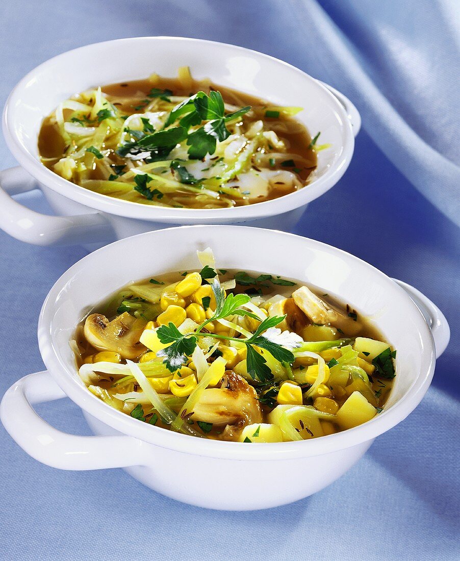 Cabbage soup with mushrooms and sweetcorn