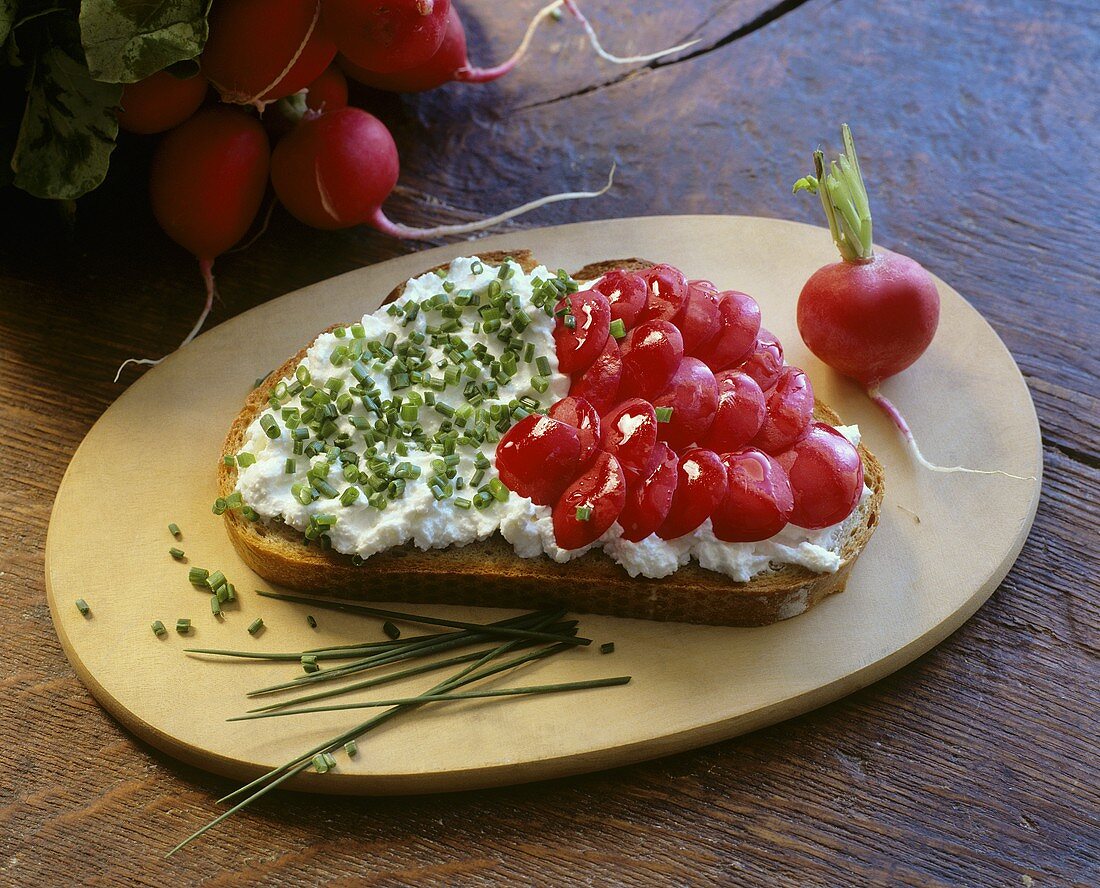 Bread topped with soft cheese, chives and radishes