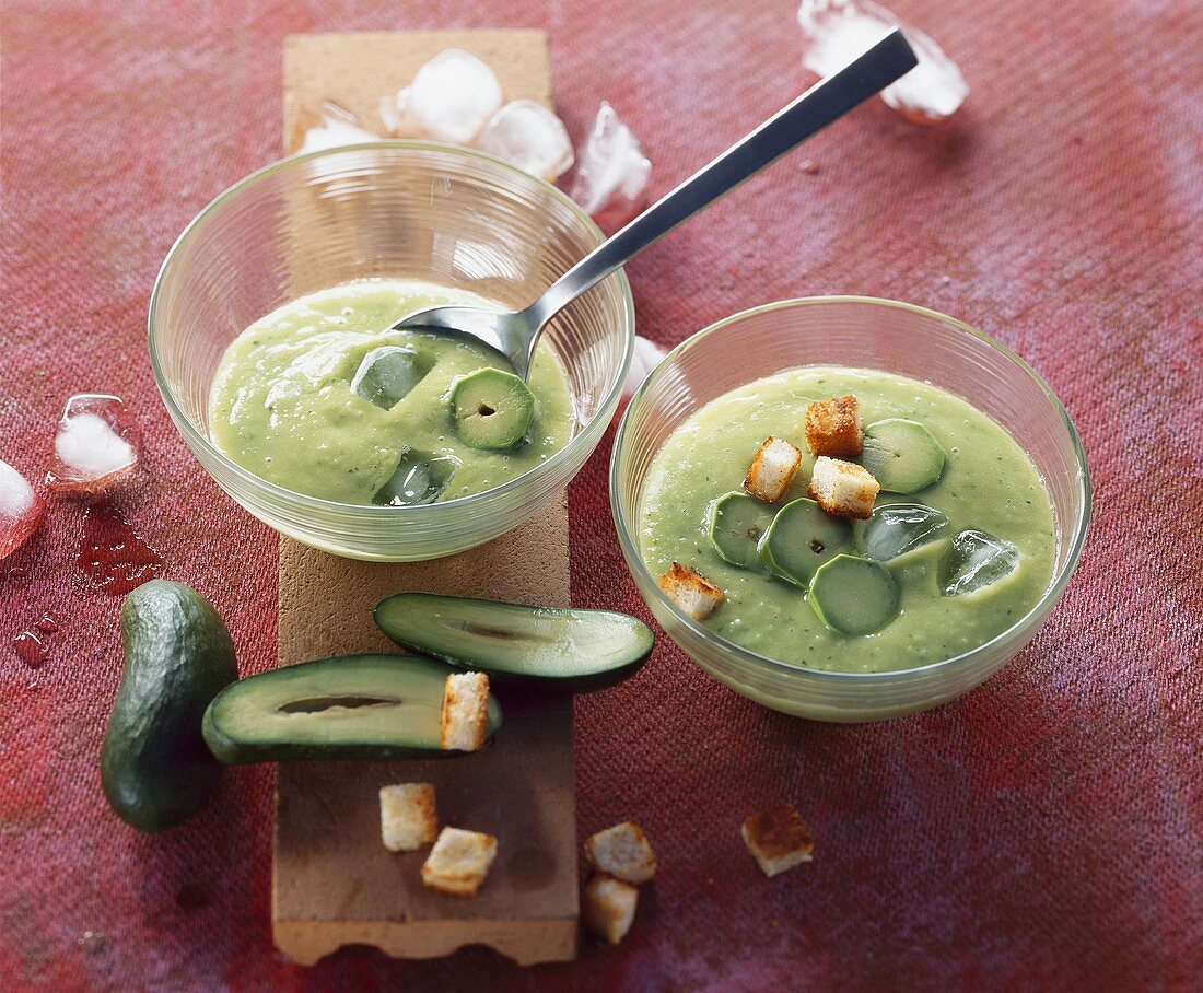 Cold avocado soup with garlic and croutons