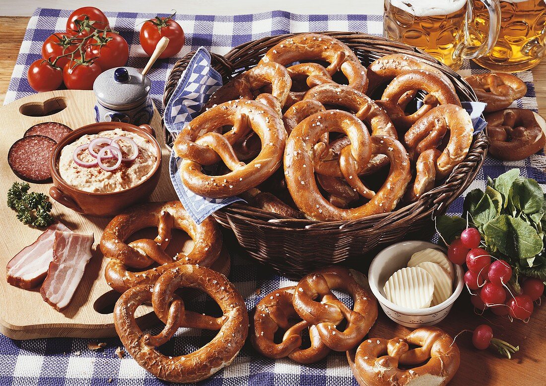 Bavarian 'Brotzeit' with pretzels, Obatzda, radishes & beer