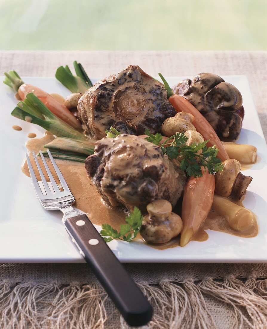 Ox-tail ragout with kidneys, vegetables and mushrooms