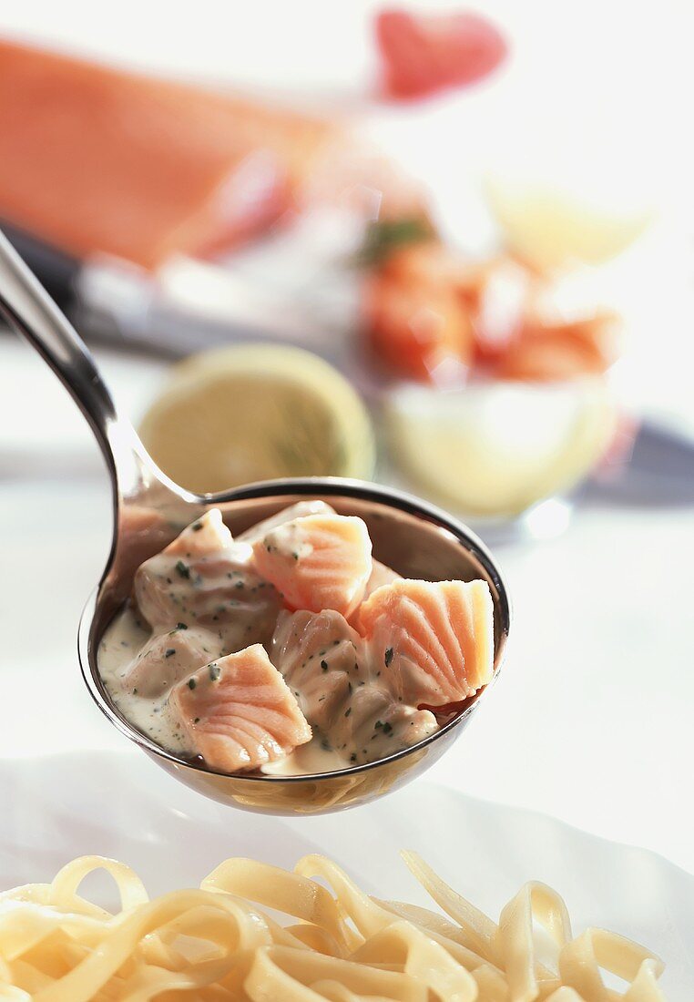 Salmon in herb cream on ladle over ribbon pasta