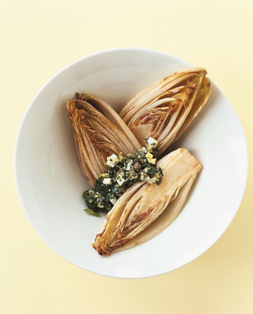 Roasted chicory with salsa verde