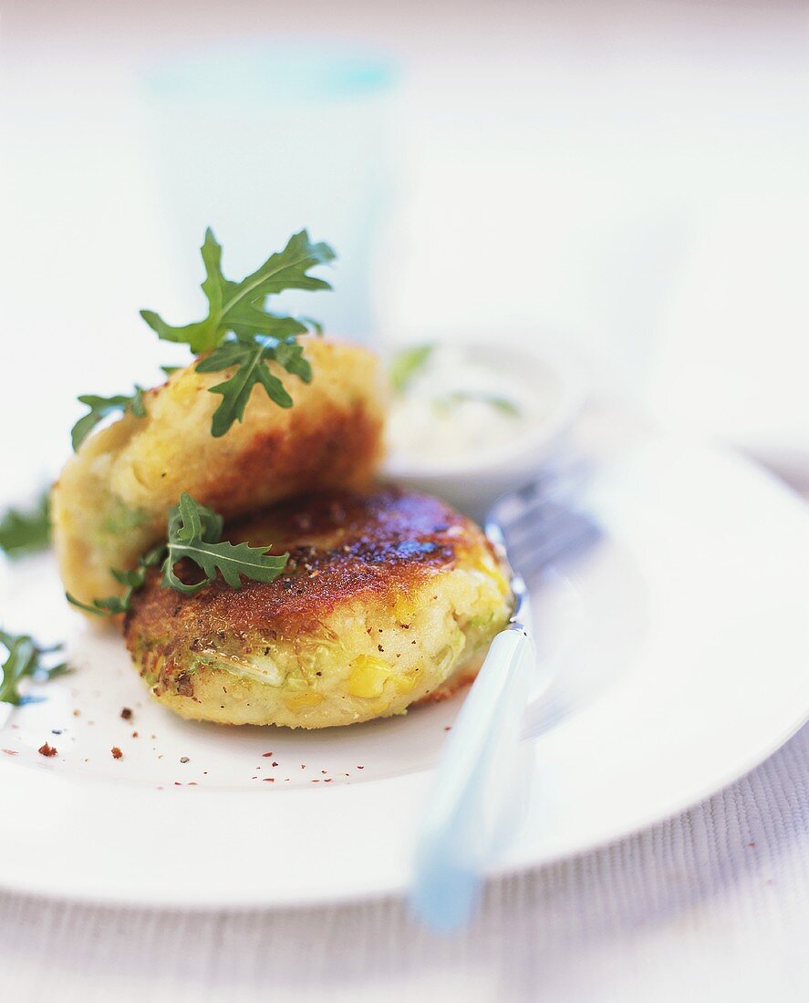 Vegetable burgers with sweetcorn and rocket