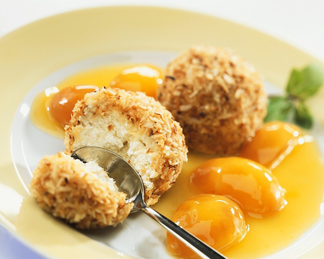 Fried ice cream dumplings with apricot compote