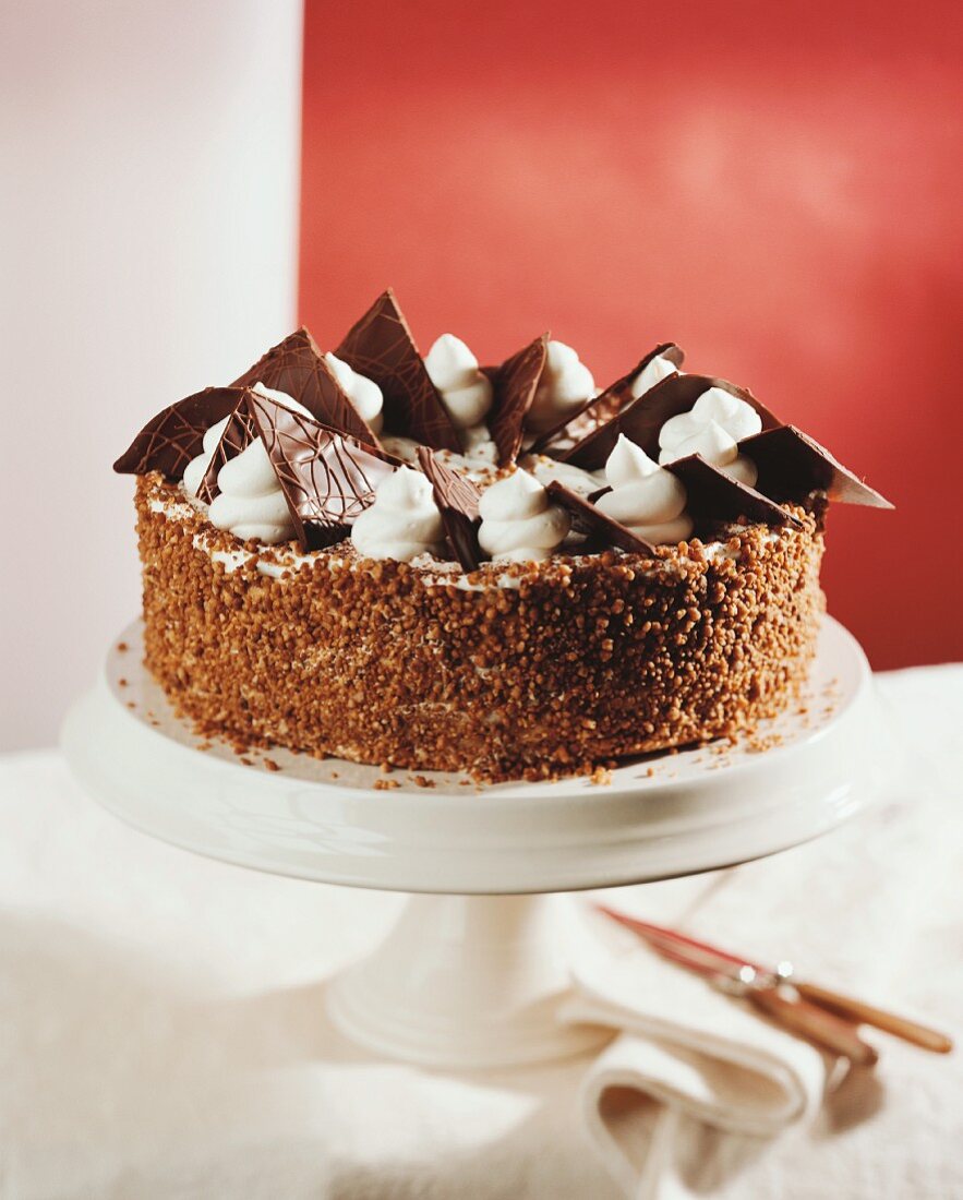 Mocha cake with mint cream and chocolate triangles