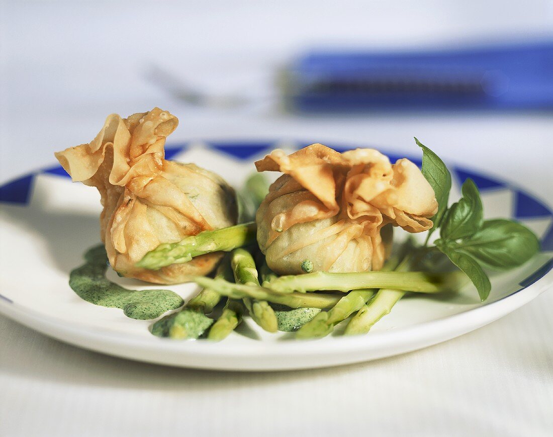Filled strudel pastry purses with green asparagus & herb sauce