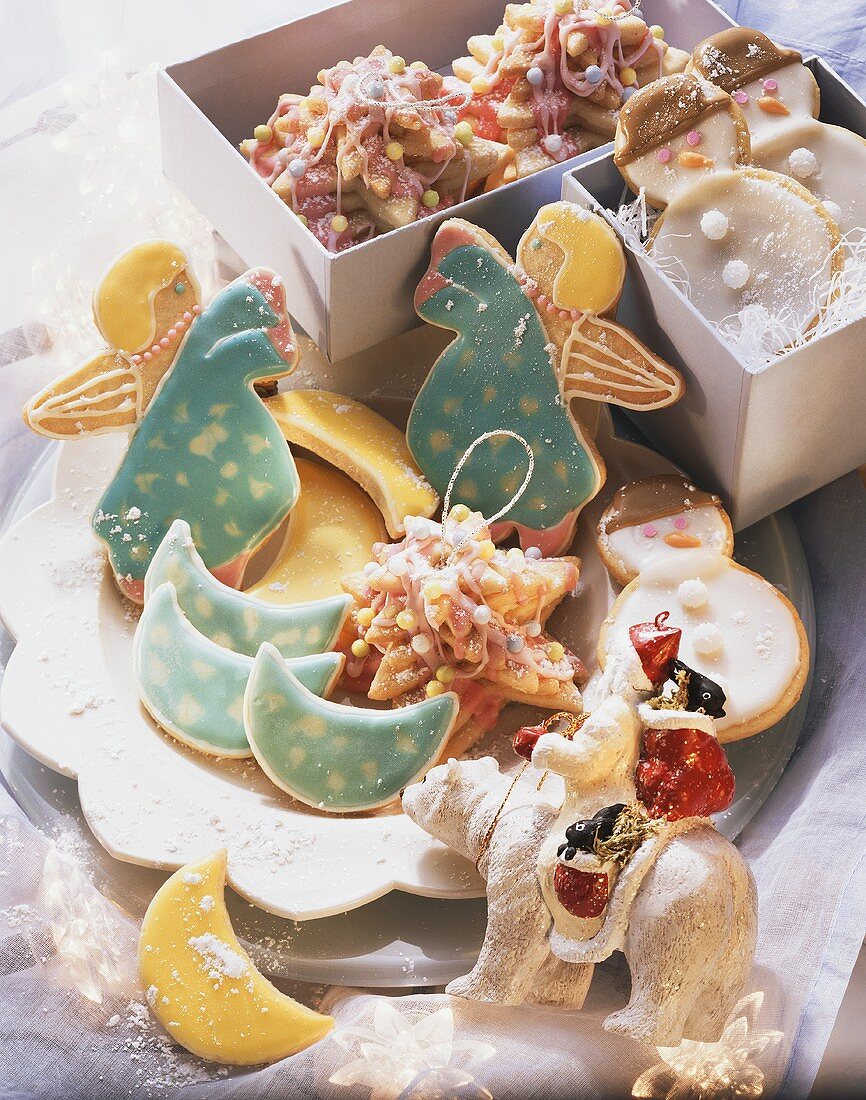 Assorted shaped Christmas biscuits with glacé icing