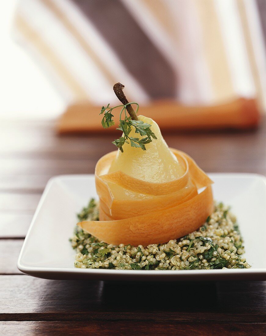 Poached pear on quinoa with chervil