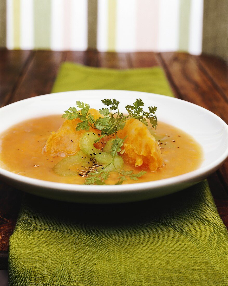 Red lentil soup with carrot dumplings