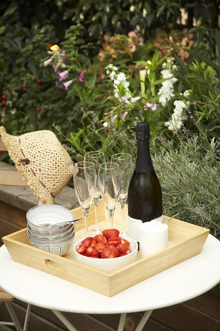 Champagnerflasche, Erdbeeren und Sahne auf Tablett im Freien