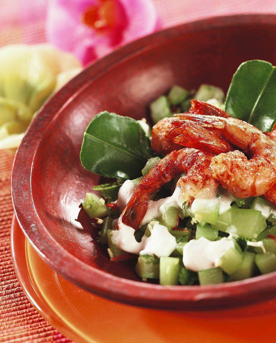 Spicy shrimps on minted cucumber relish