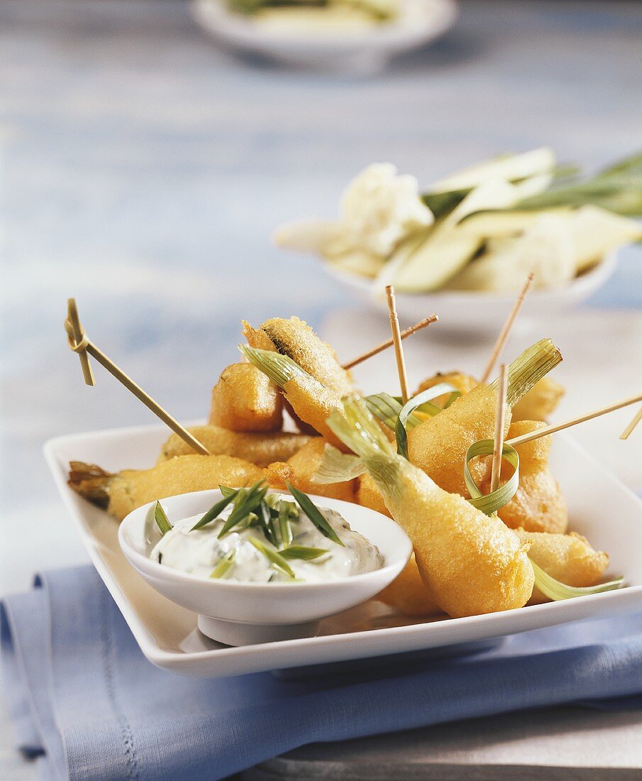 Spring onions in batter with quark dip
