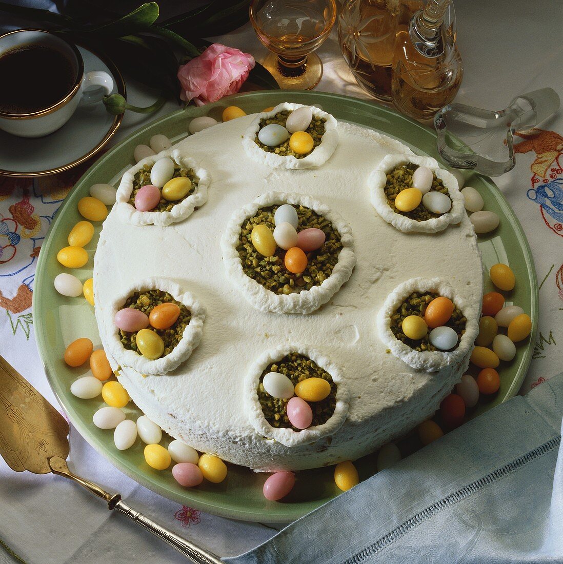 Buckwheat cake with sugar eggs and pistachios for Easter
