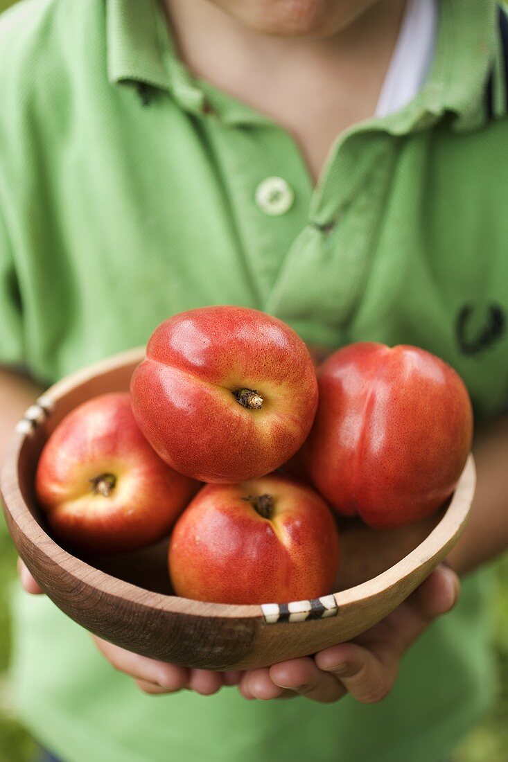 Person holding wooden bowl of nectarines