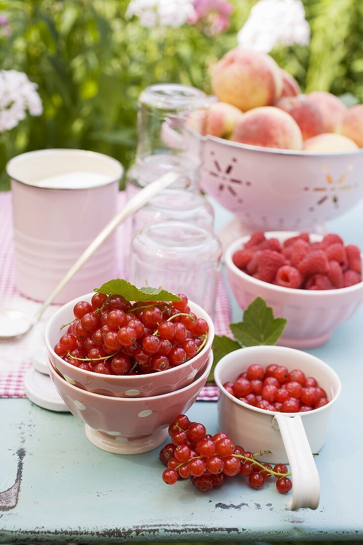 Pfirsiche, Beeren, Zucker und Einmachgläser auf Gartentisch