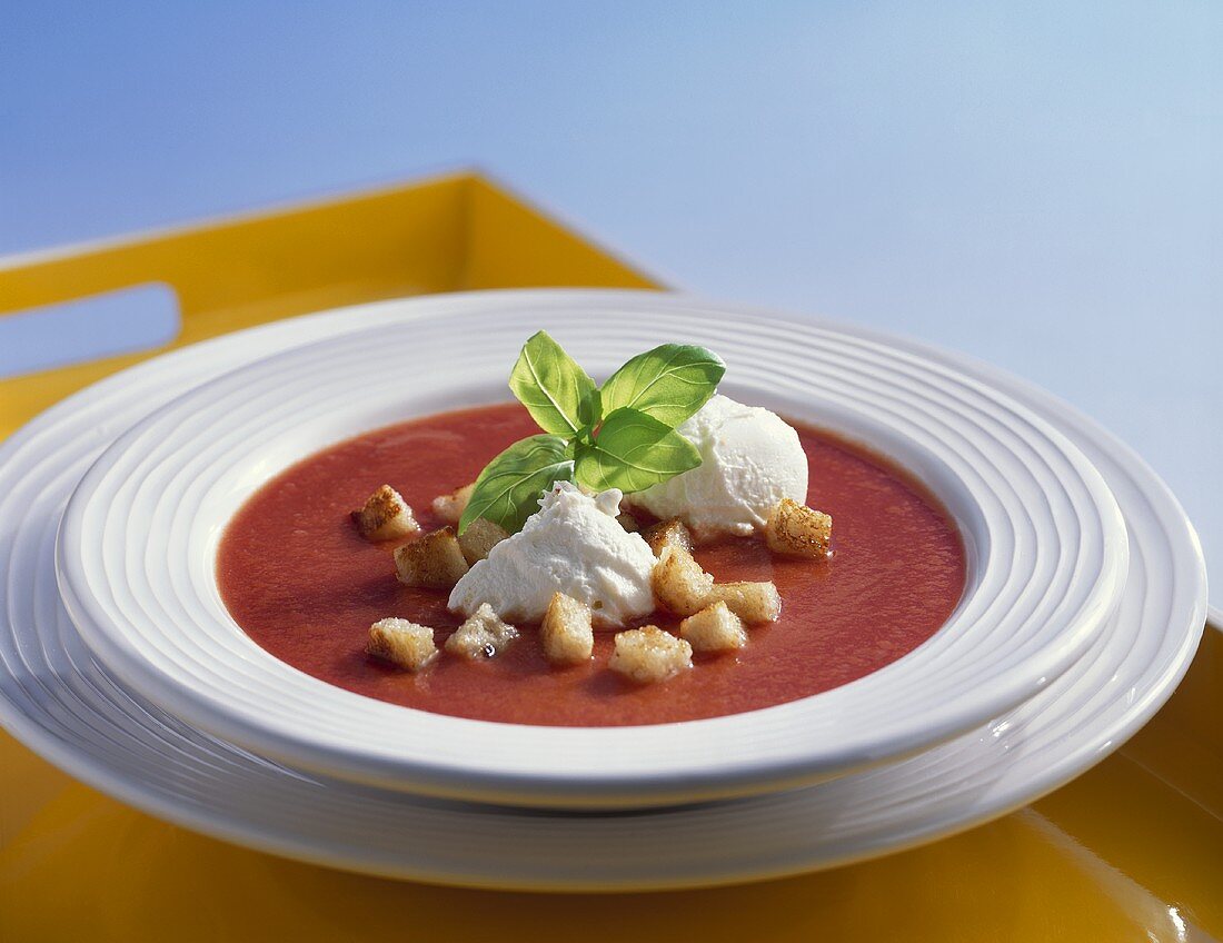 Cold tomato soup with soft cheese dumplings, croutons, basil