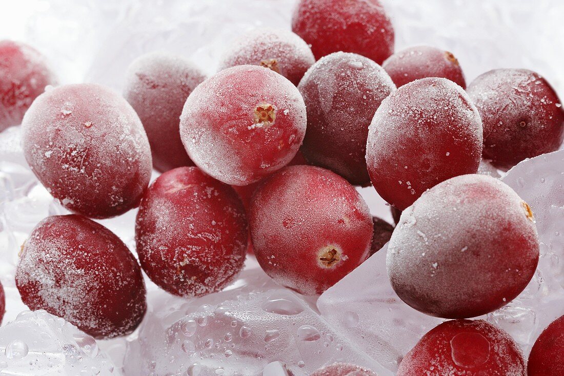 Frozen cranberries on ice cubes (close-up)