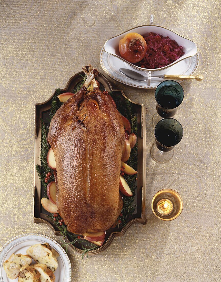 Stuffed goose with red cabbage for Christmas