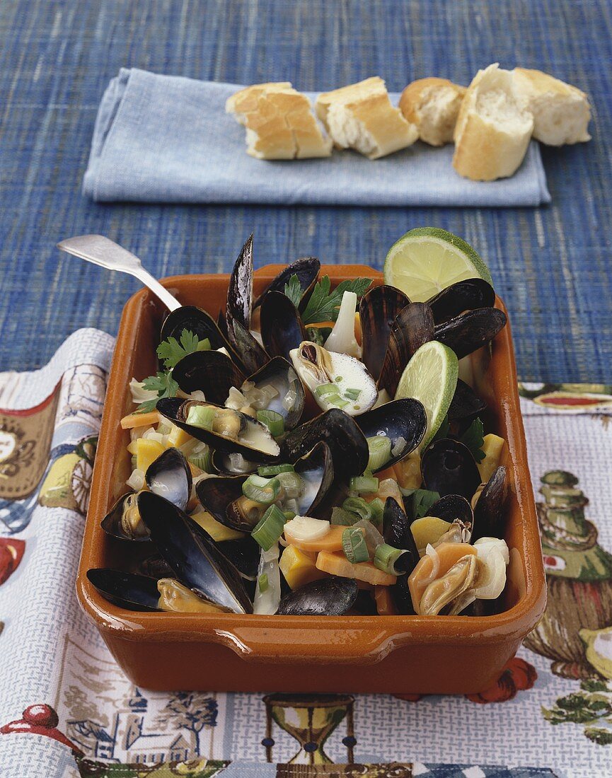 Mussels cooked in Riesling with vegetables