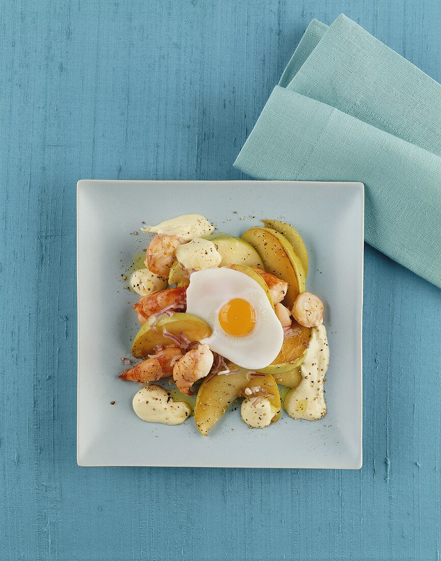 Apple and shrimp hash with fried egg