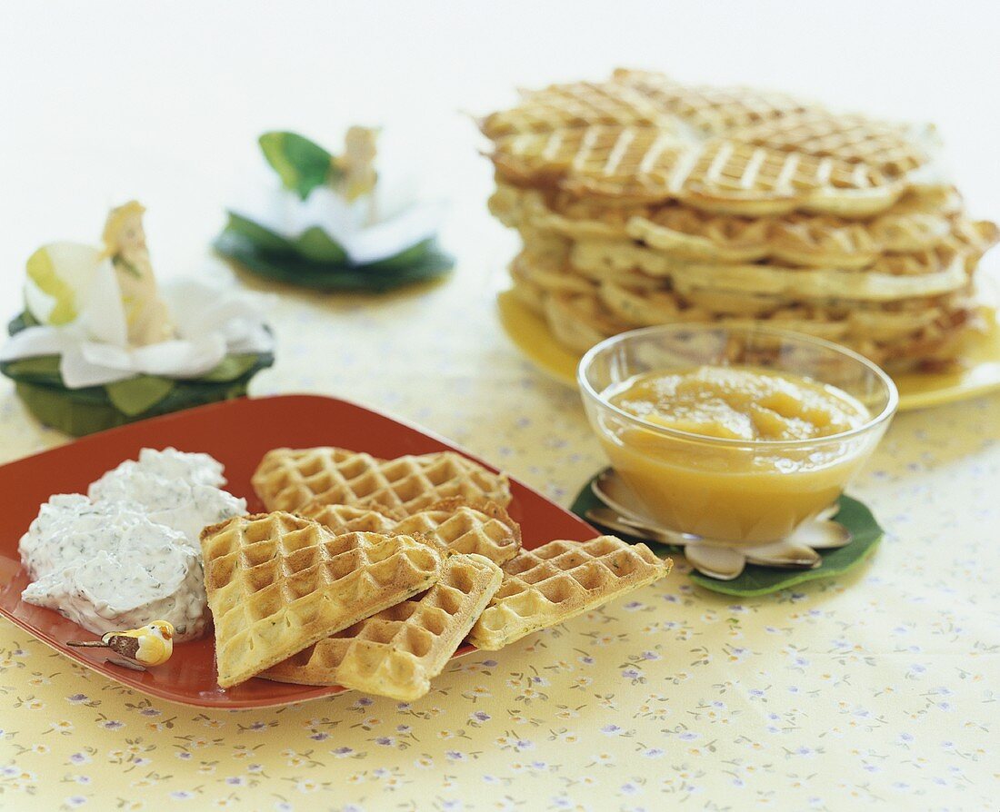 Herb waffles with quark dip and apple puree for children