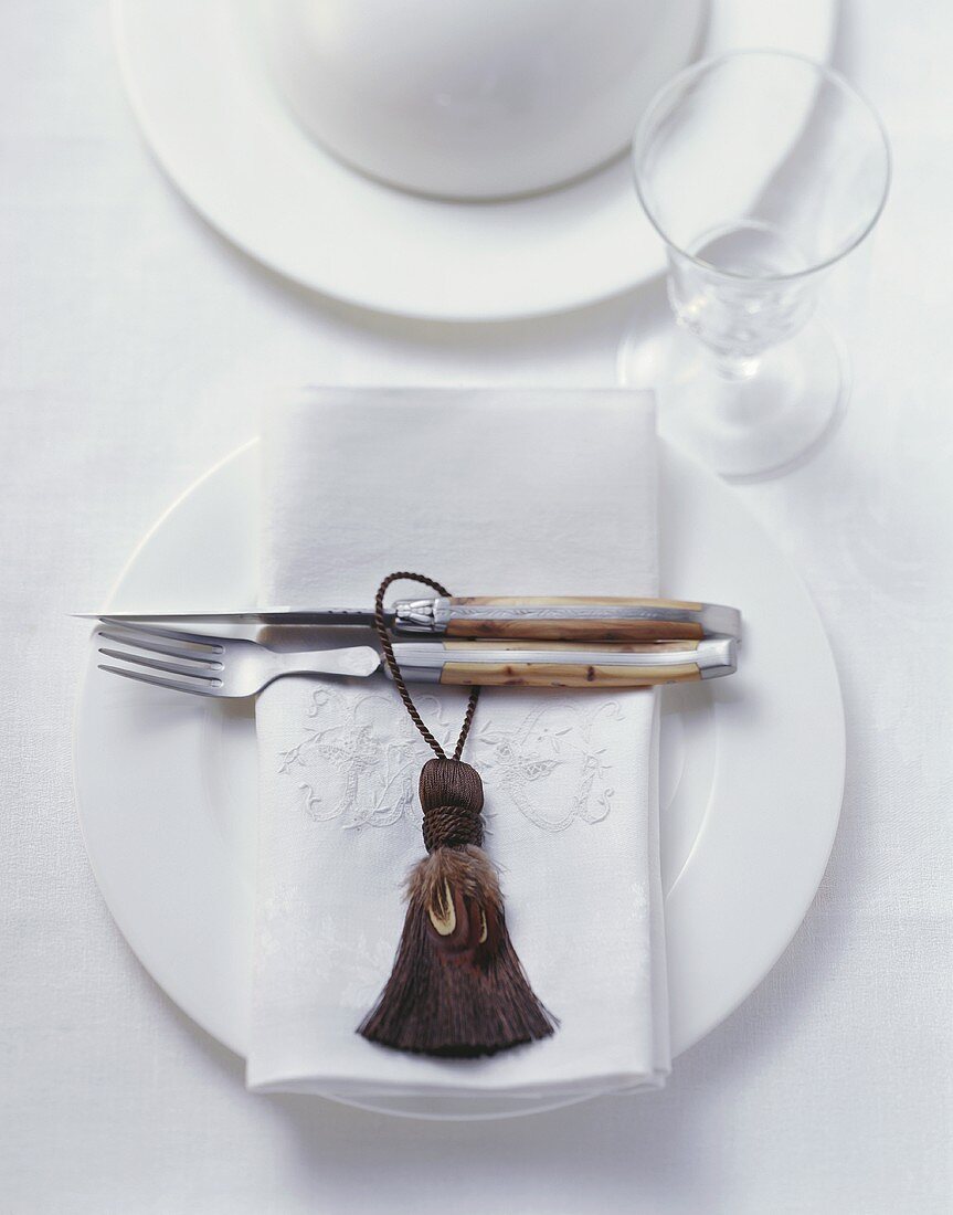 Rustic place-setting with embroidered napkin