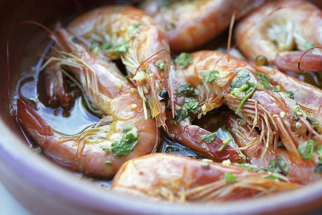 Garlic shrimps with herbs (close-up)