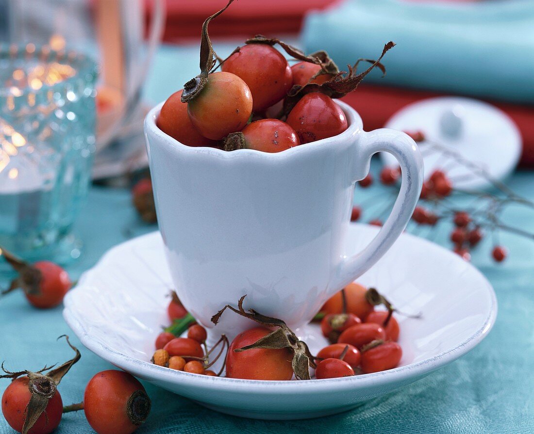 Herbstliche Tischdeko: Hagebutten in Kaffeetasse