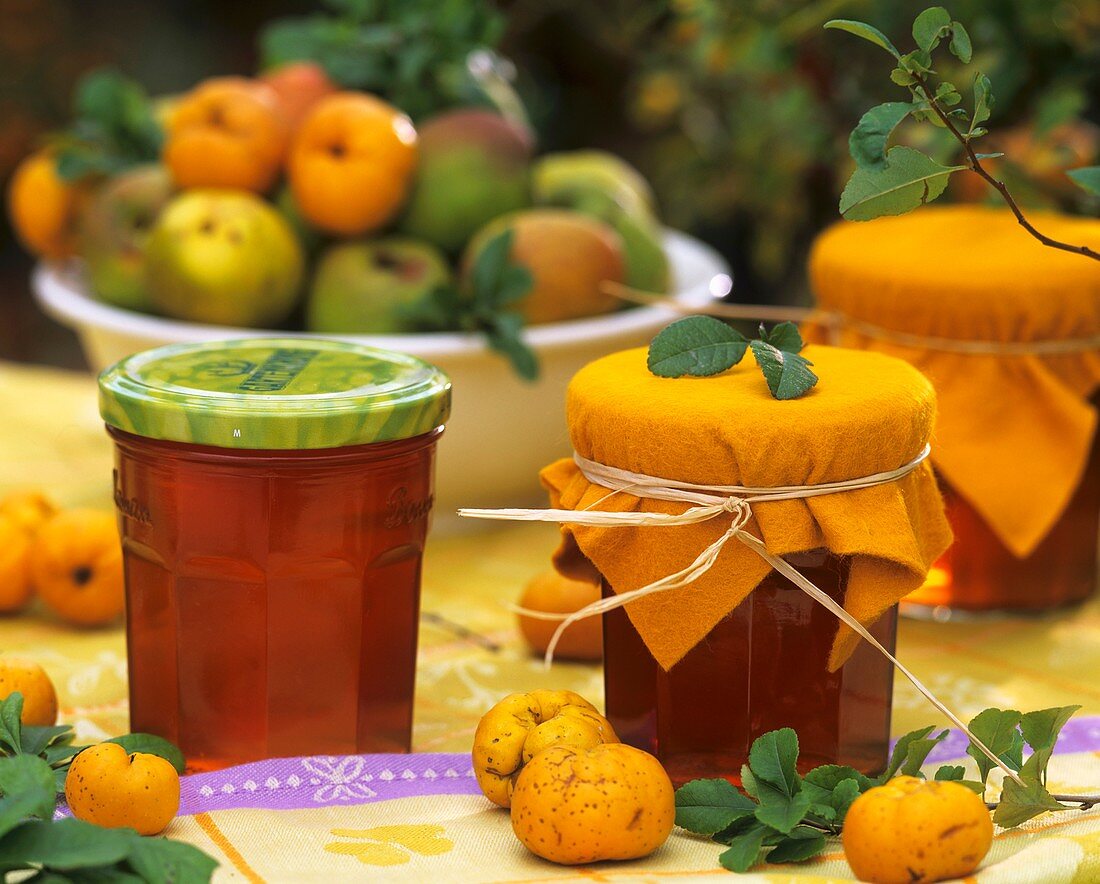 Quince jelly in jars on a table in the open air