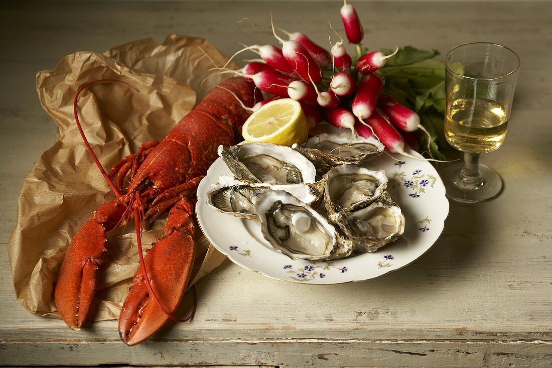 Cooked lobster, oysters, radishes and glass of white wine