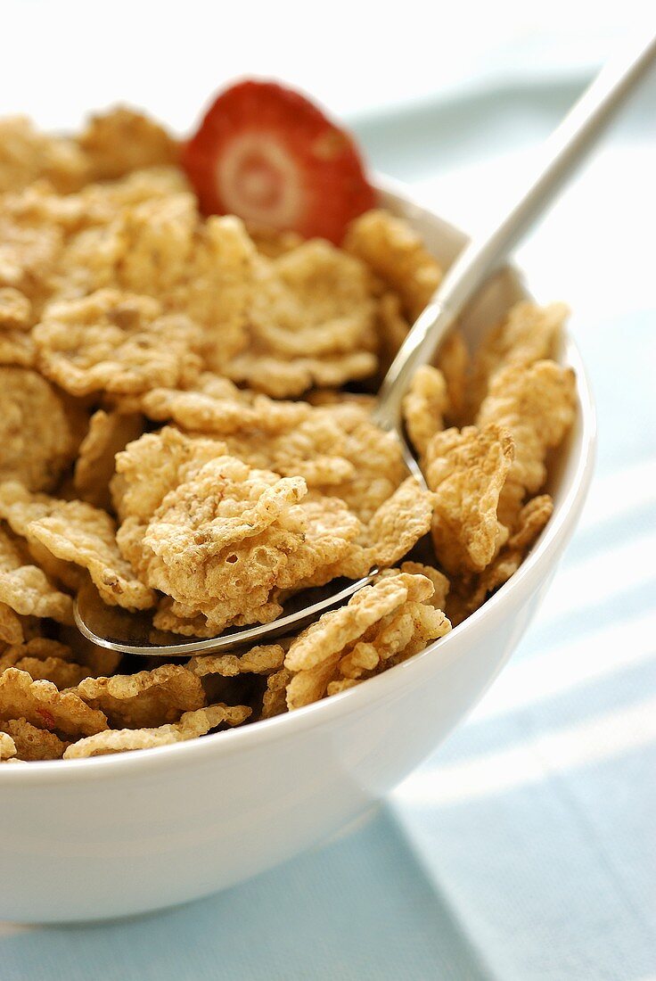 Cereal flakes in cereal bowl with spoon