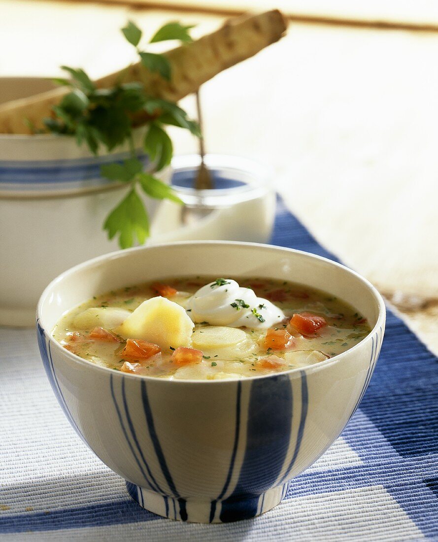 Parsnip soup with tomatoes and crème fraîche