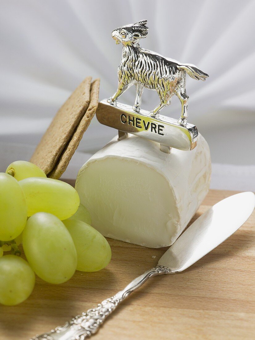 Chèvre, green grapes, crackers and cheese knife