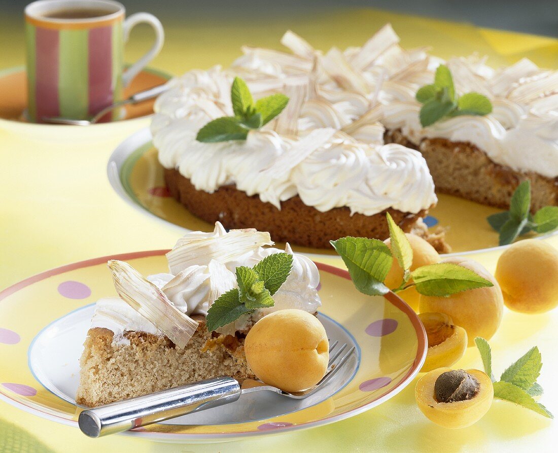 Rhubarb and apricot cake with meringue topping