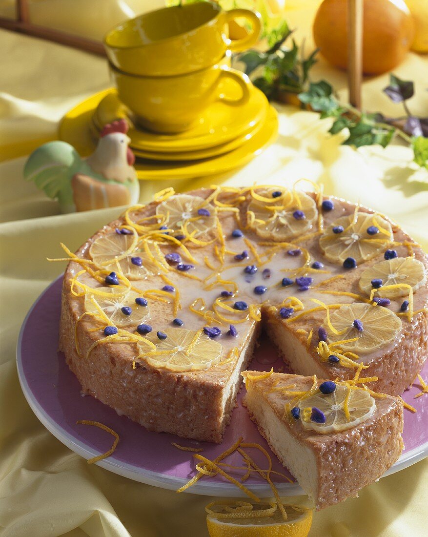 Lemon cake with candied violets