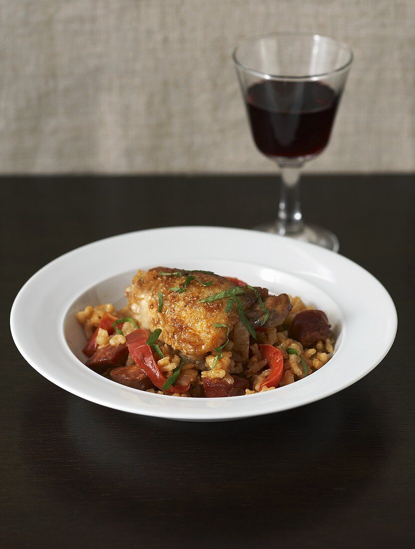 Risotto with chicken, peppers and chorizo, glass of red wine