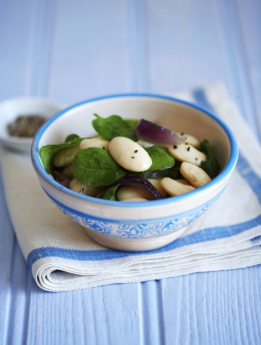 Bohnensalat mit Spinat und roten Zwiebeln