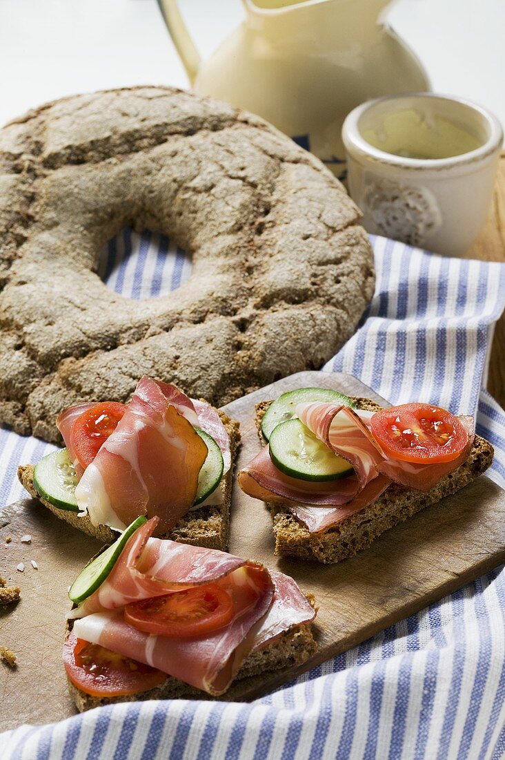 Ruisleipä (bread, Finland) with ham, tomato, cucumber