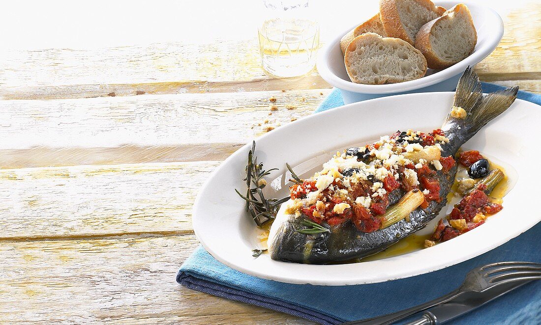 Sea bream with tomatoes, olives and sheep's cheese (Greece)