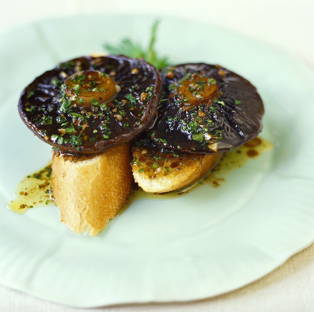 Baguette slices with marinated mushrooms