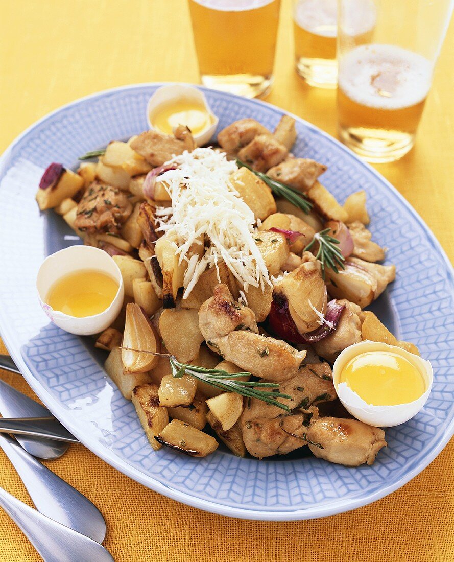 Roasted chicken fillet with potatoes, egg and horseradish