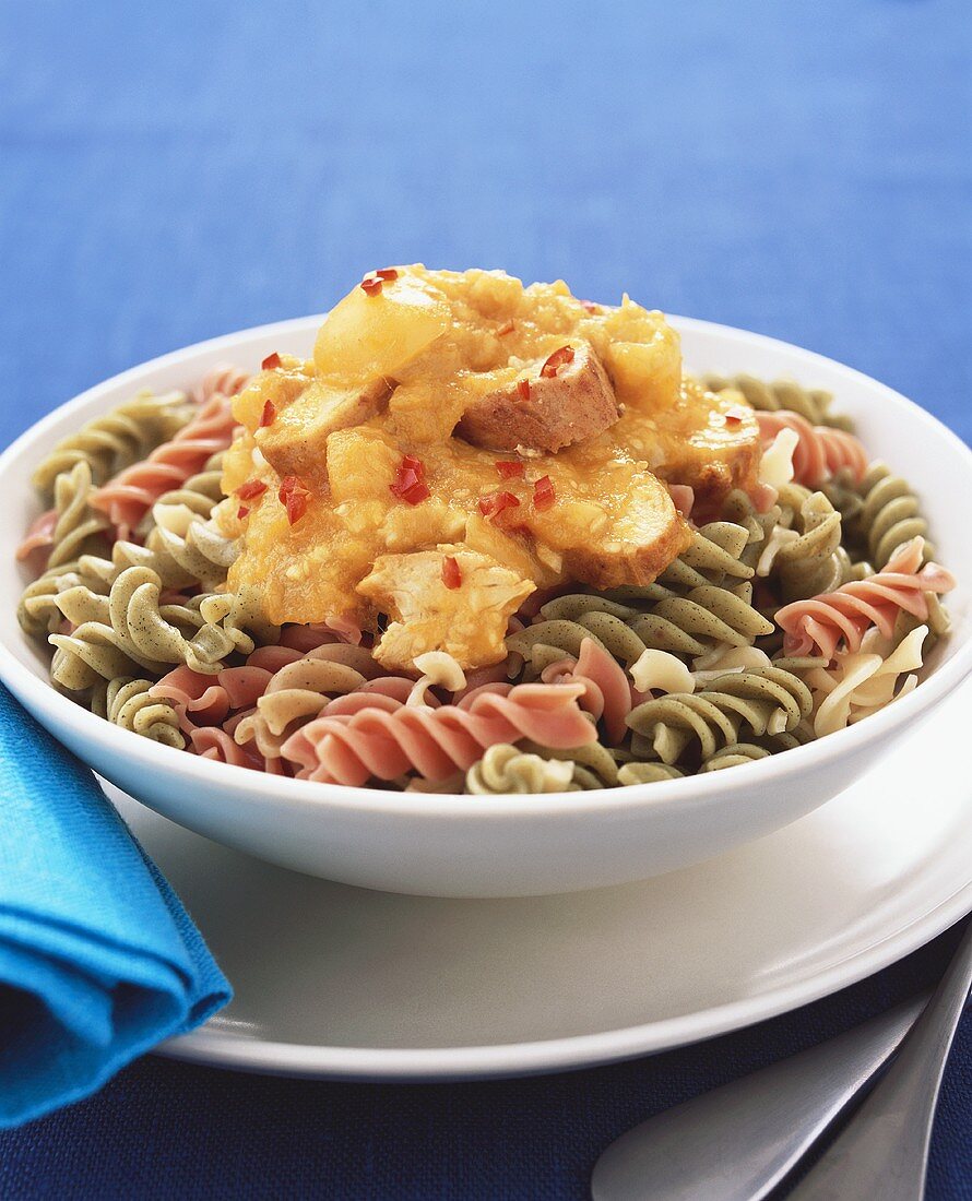 Coloured pasta spirals with mango chicken