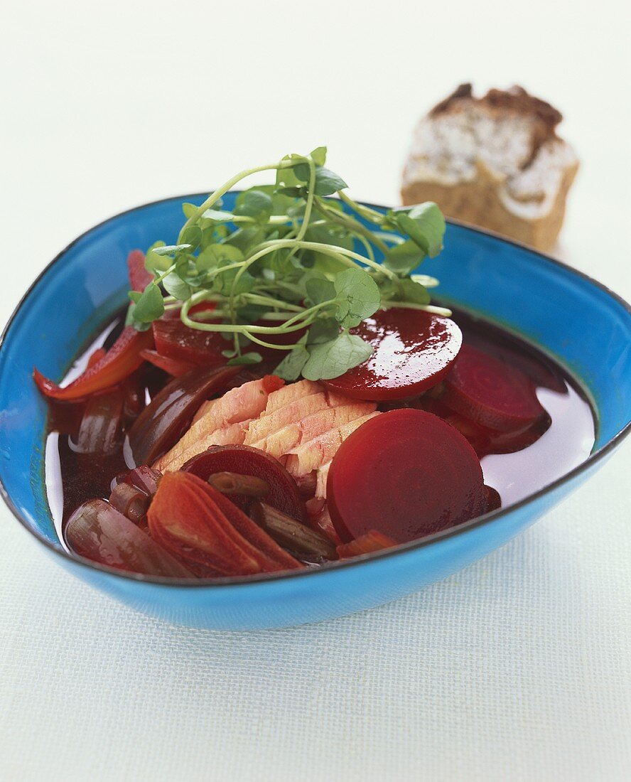 Beetroot soup with salmon and watercress (Sweden)