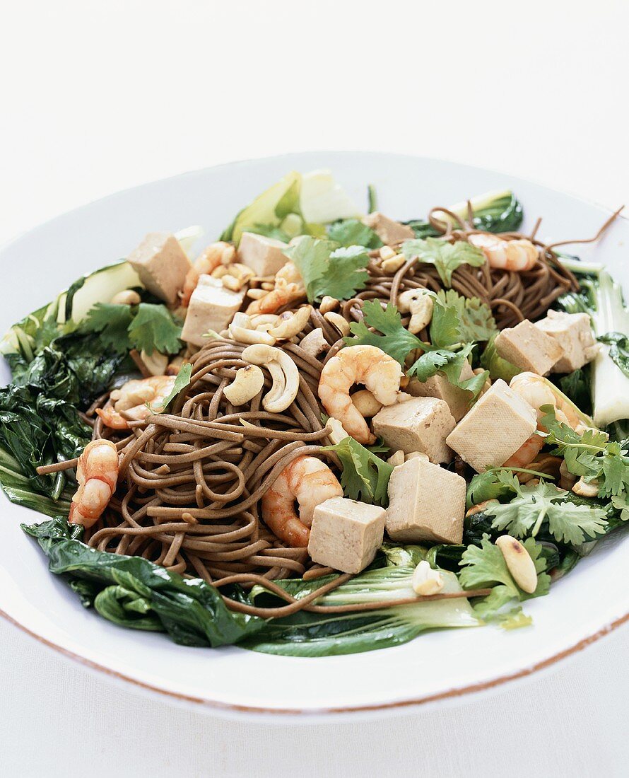 Salad of soba noodles, tofu, shrimps, pak choi, coriander