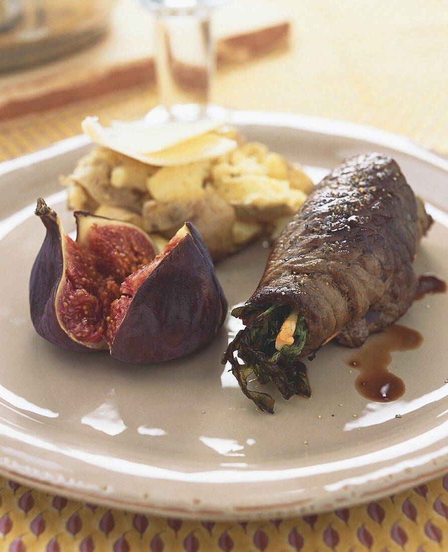 Involtini di vitello (Veal roulade with spinach stuffing & fig)