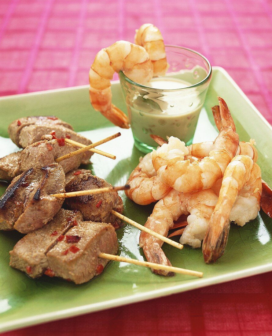 Marinated lamb kebabs and grilled king prawns with dip