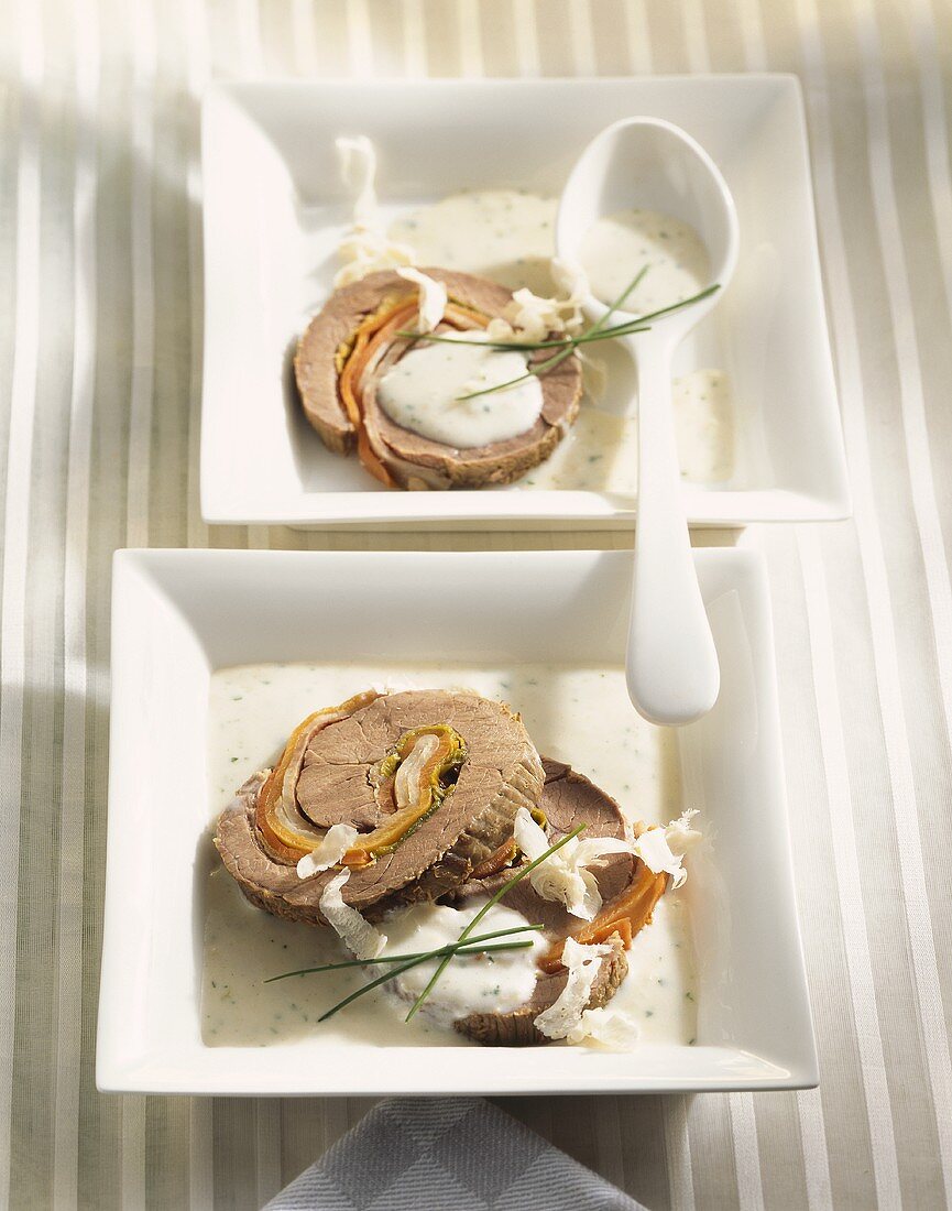 Cooked beef roulade with horseradish sauce